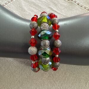 3 Strand Coil Bracelets Teal Green and Red Bevelled Beads W Silver Glitter Beads